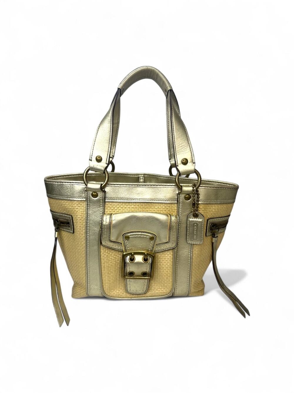 Vintage Coach Legacy Straw Woven Tote Bag Gold Metallic Leather Basket Purse